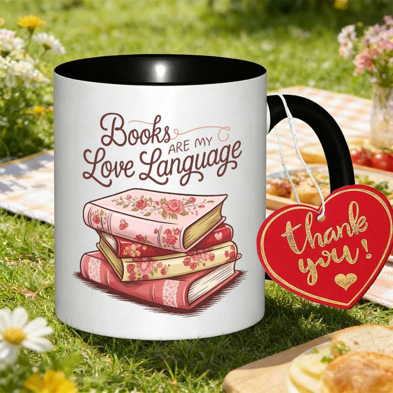 Tailorly Black Accent 11 oz Mug - floral book design with text "books are my love language"