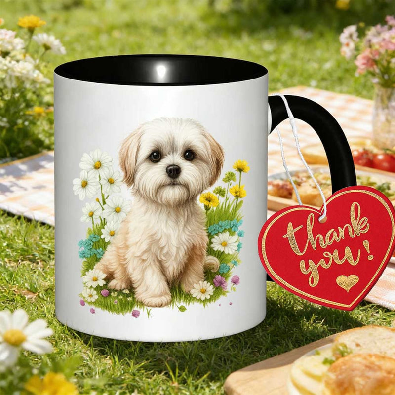 Tailorly Black Accent 11 oz Mug - shih tzu dog with printed cultural pattern