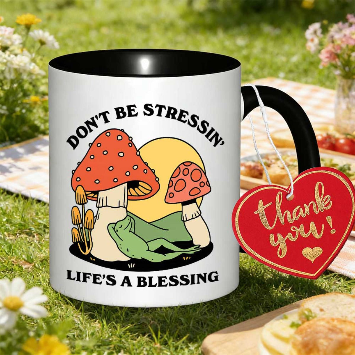 Tailorly Black Accent 11 oz Mug - colorful mushrooms and frogs