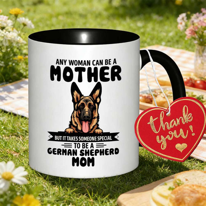 Tailorly Black Accent 11 oz Mug - Humorous text stating "while any woman can become a mother it a unique person to mom"
