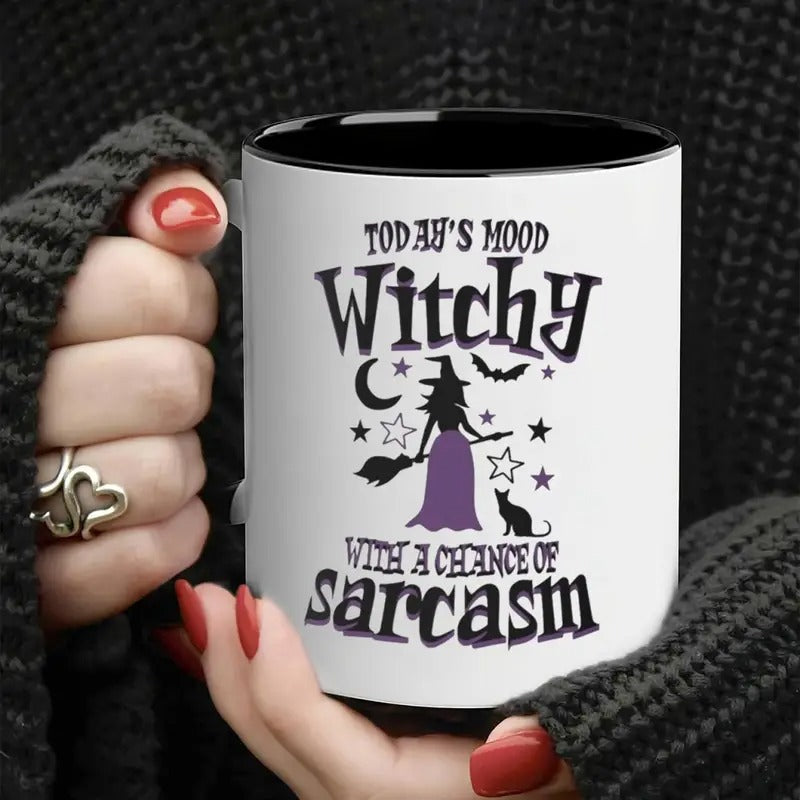 Tailorly Black Accent 11 oz Mug - sarcastic witch mood with broomstick and "todays mood of sarcasm" text