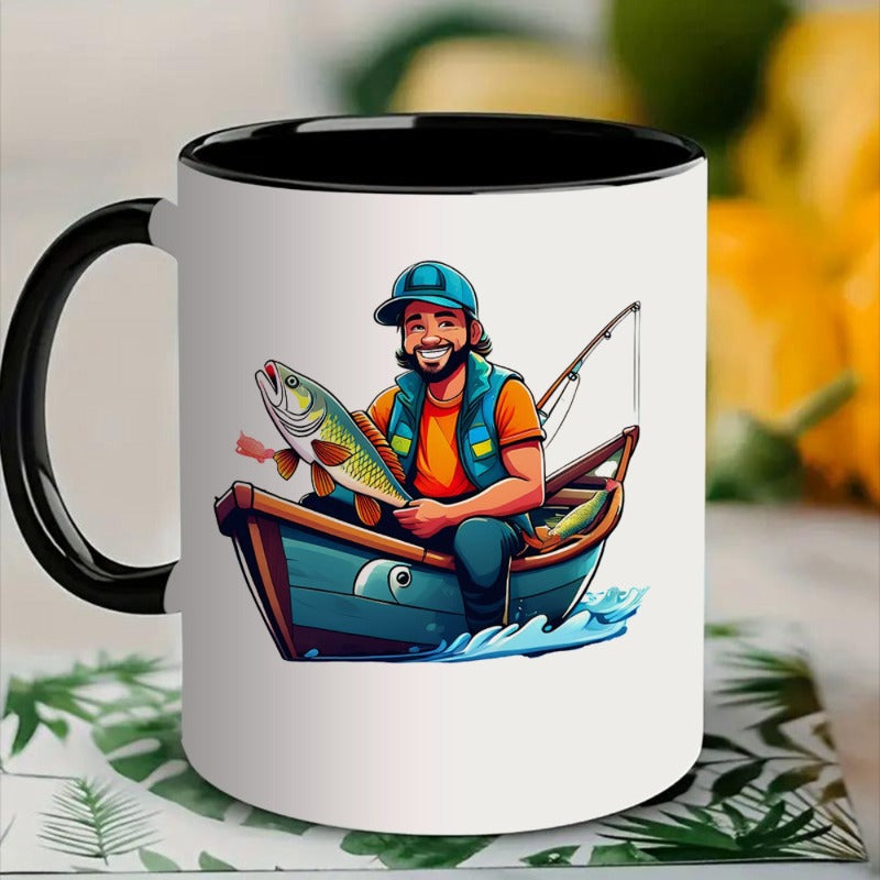 Tailorly Black Accent 11 oz Mug - fisherman boat catching fish