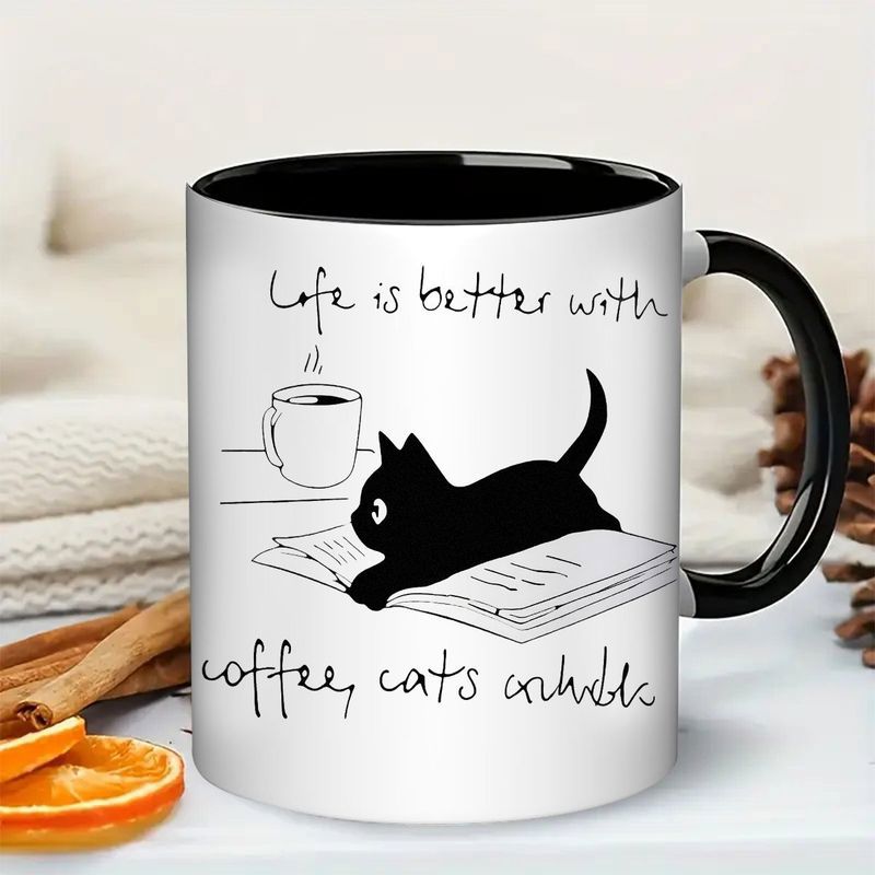 Tailorly Black Accent 11 oz Mug - cute cat reading on book