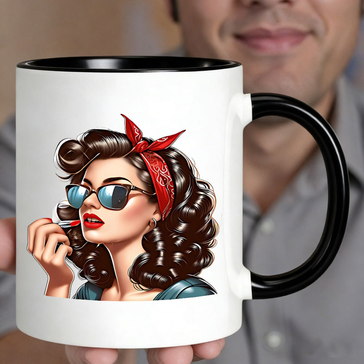 Tailorly Black Accent 11 oz Mug - pin up girl with stylish glasses and red bandana