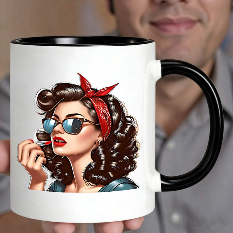 Tailorly Black Accent 11 oz Mug - pin up girl with stylish glasses and red bandana