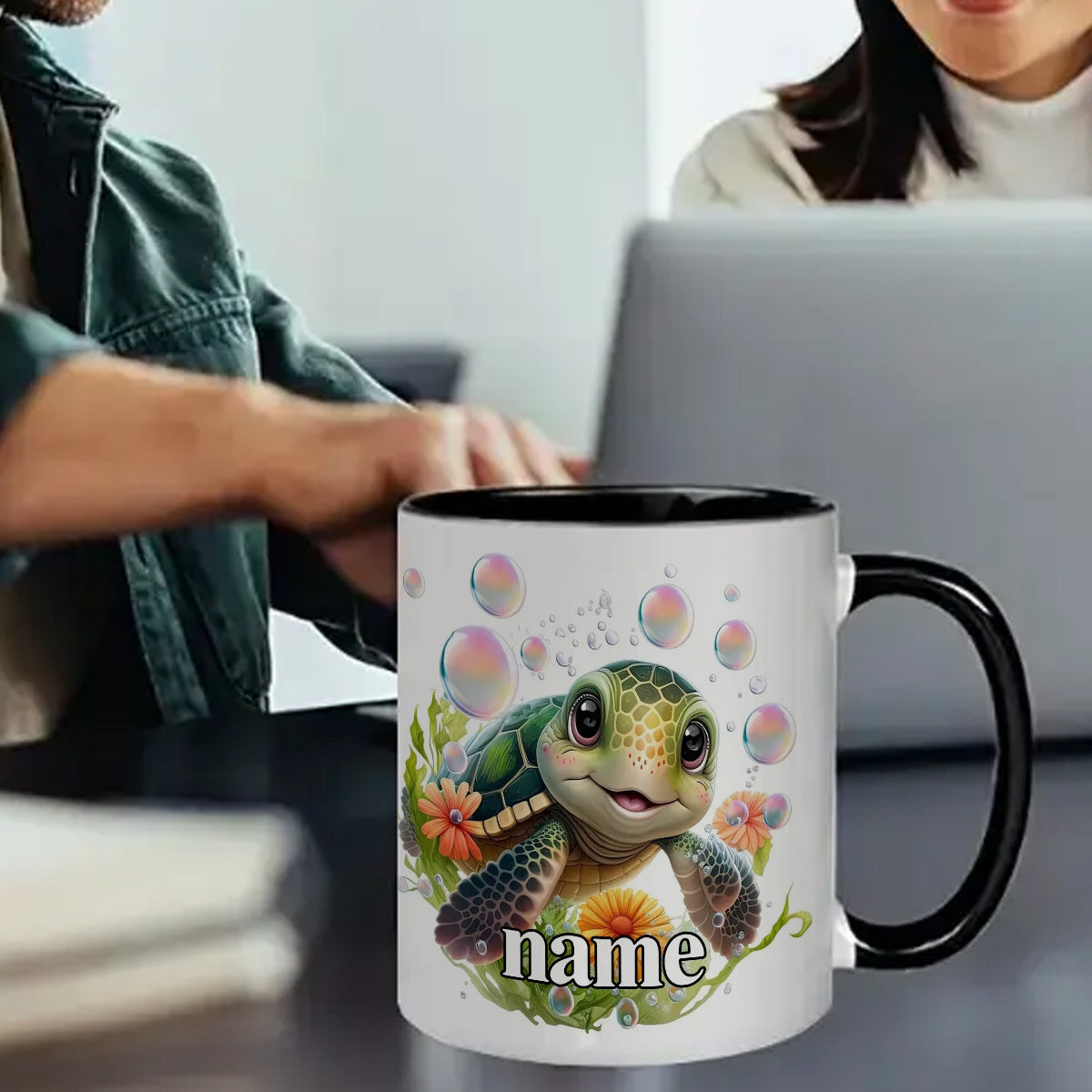 Tailorly Black Accent 11 oz Mug - cartoon style turtle
