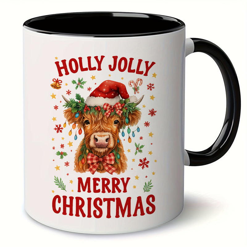 Tailorly Black Accent 11 oz Mug - highland cow with festive pattern