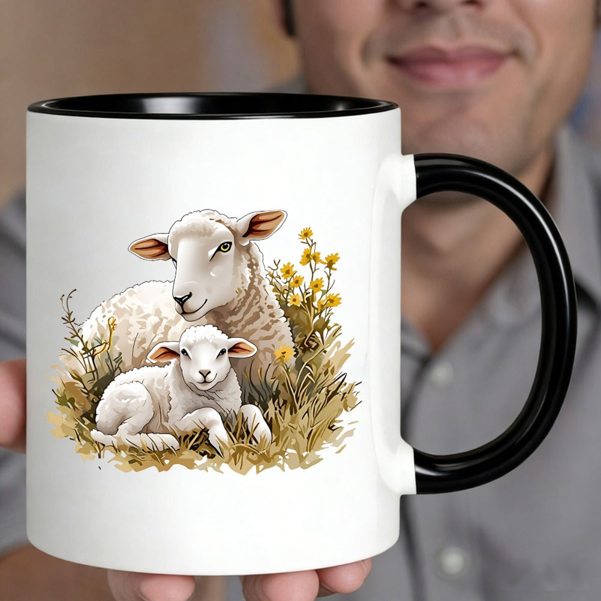 Tailorly Black Accent 11 oz Mug - mother and sheep illustration