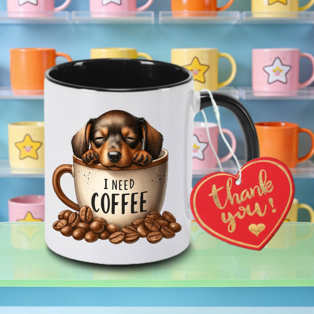 Tailorly Black Accent 11 oz Mug - cute sleeping dachshund logo