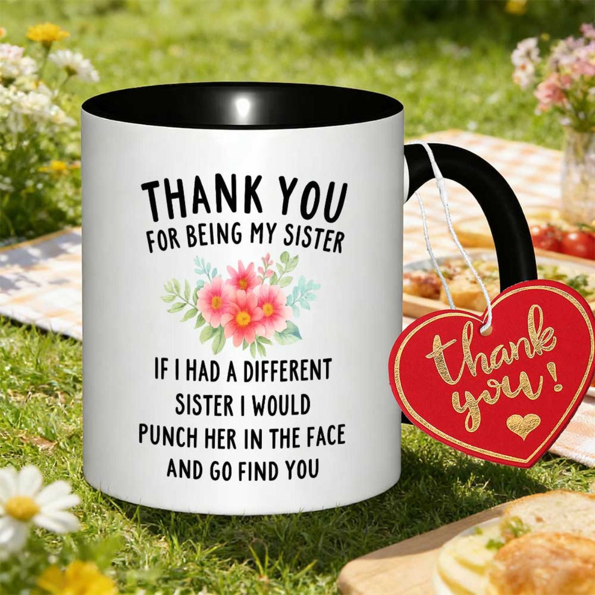 Tailorly Black Accent 11 oz Mug - cultural design expressing gratitude to your sister