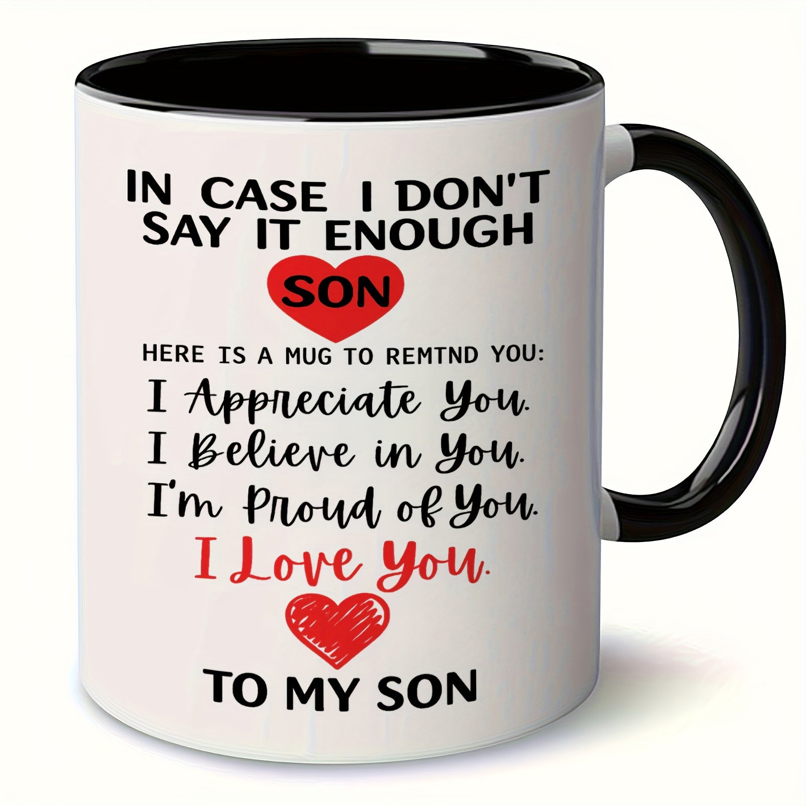 Tailorly Black Accent 11 oz Mug - red heart and son text