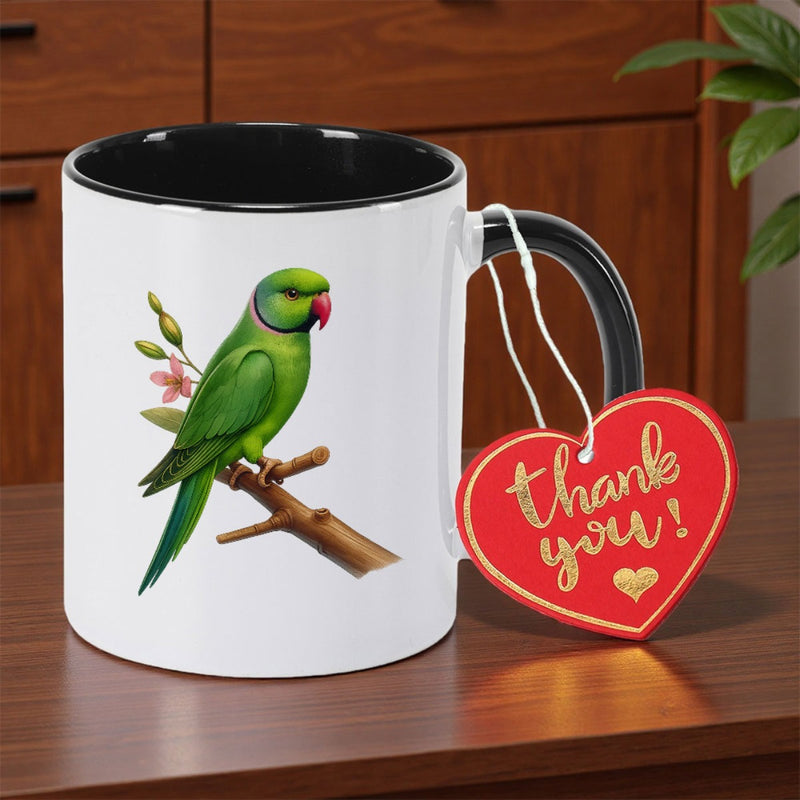 Tailorly Black Accent 11 oz Mug - parrot floral print