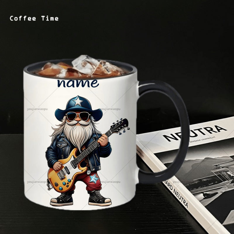 Tailorly Black Accent 11 oz Mug - rock star gnome with guitar