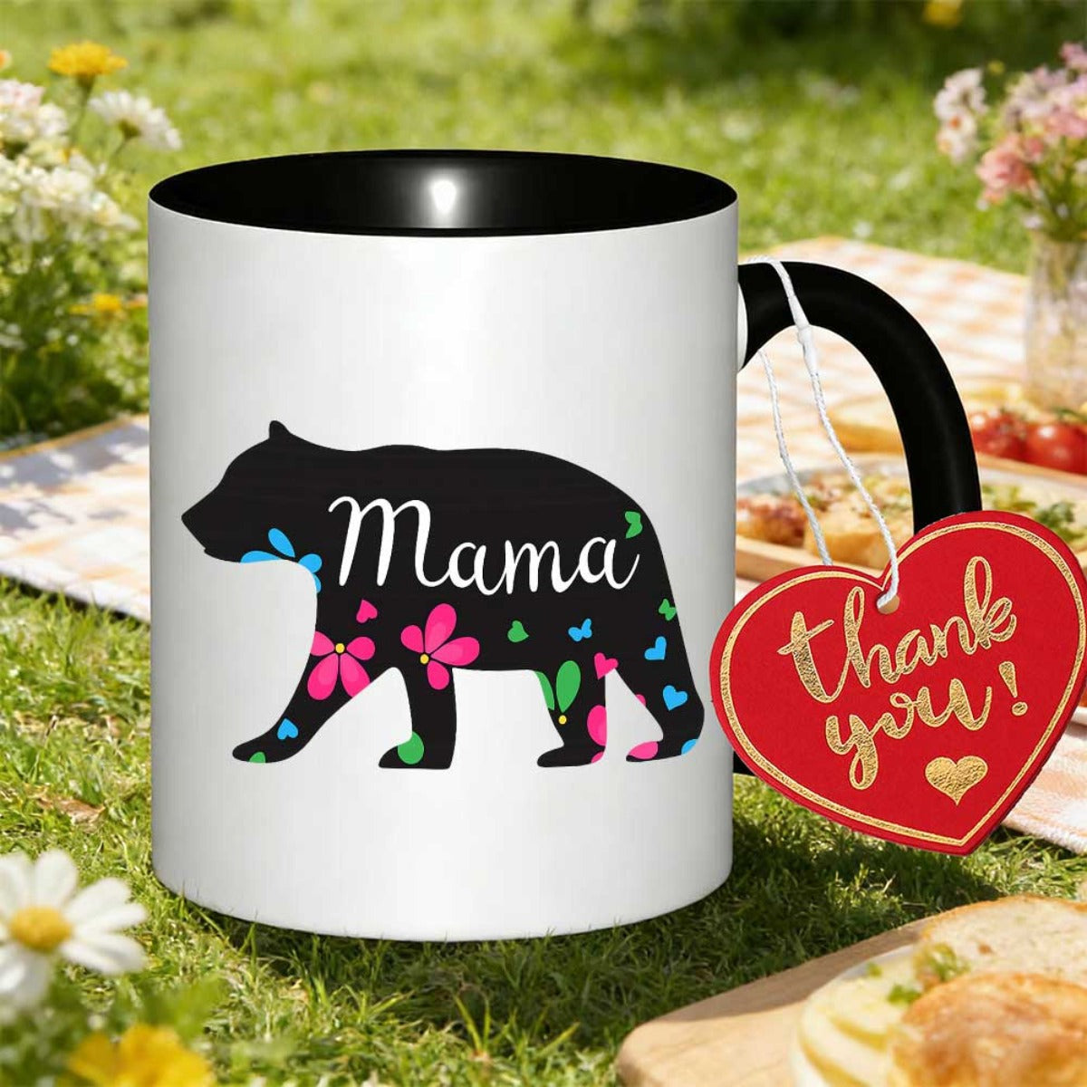 Tailorly Black Accent 11 oz Mug - cute mama text vibrant flowers thanksgiving outdoor celebrating