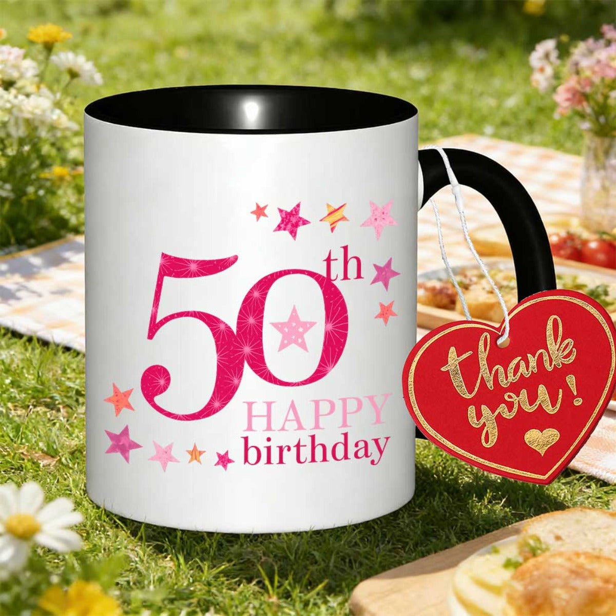 Tailorly Black Accent 11 oz Mug - glittery pink number 50 happy birthday