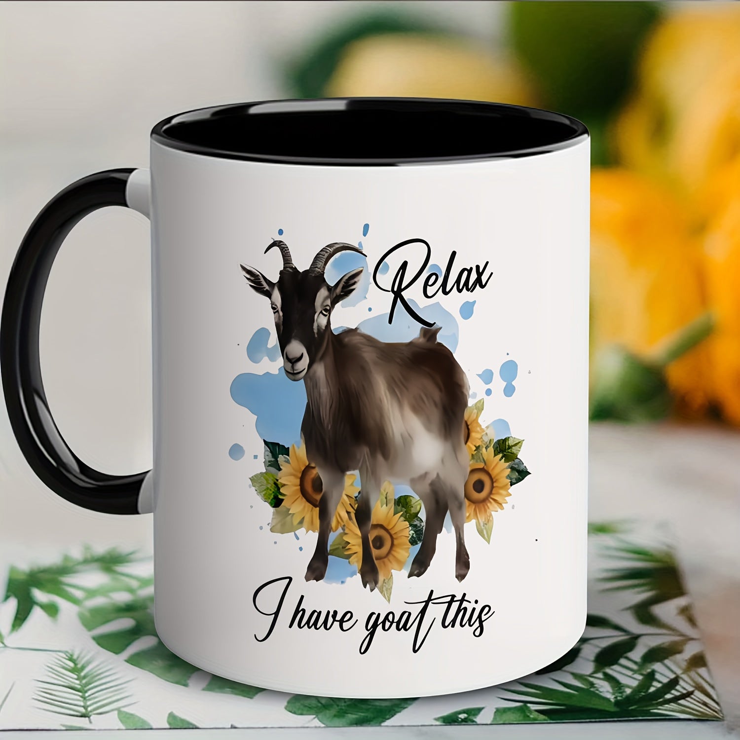 Tailorly Black Accent 11 oz Mug - goat inspired design with the text "relax i have goat"