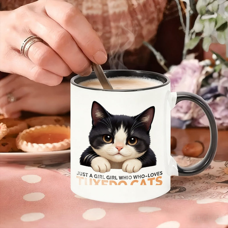 Tailorly Black Accent 11 oz Mug - adorable cat illustration