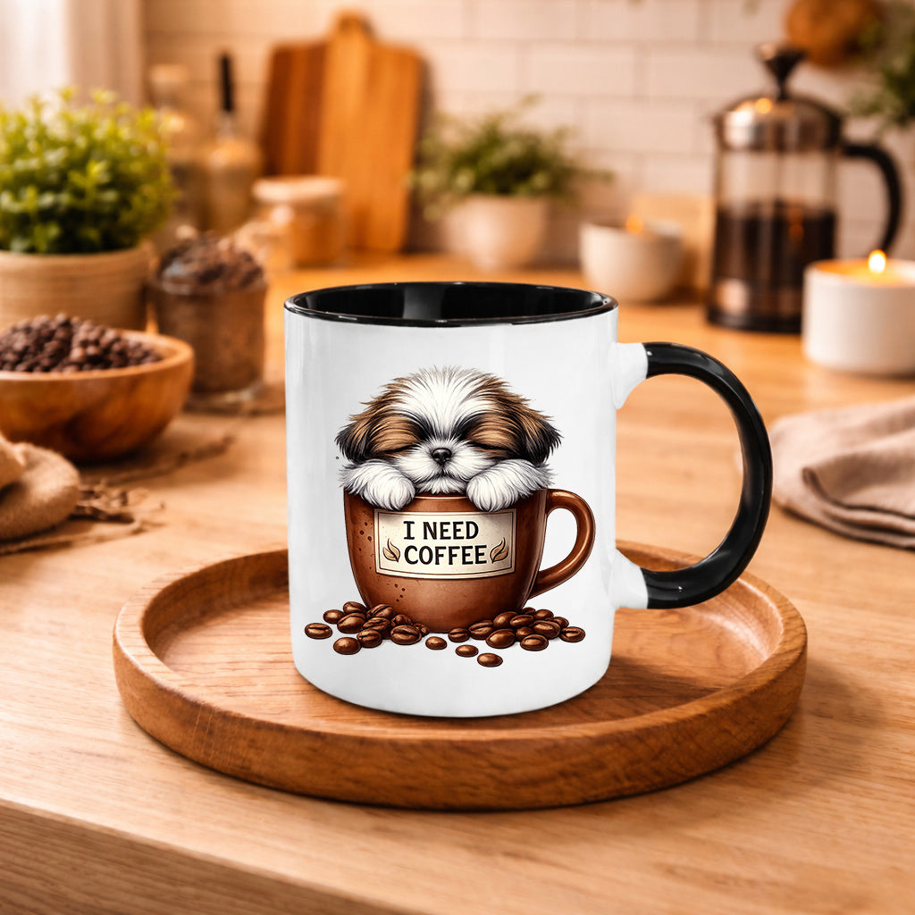Tailorly Black Accent 11 oz Mug - cute puppy coffee lover text funny dog illustration birthday theme christmas theme puppy illustration dog lover text