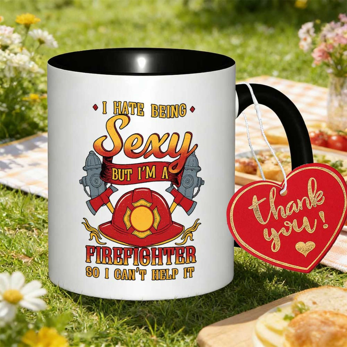 Tailorly Black Accent 11 oz Mug - funny firefighter coffee for fireman in fire stations cool firefighting printed