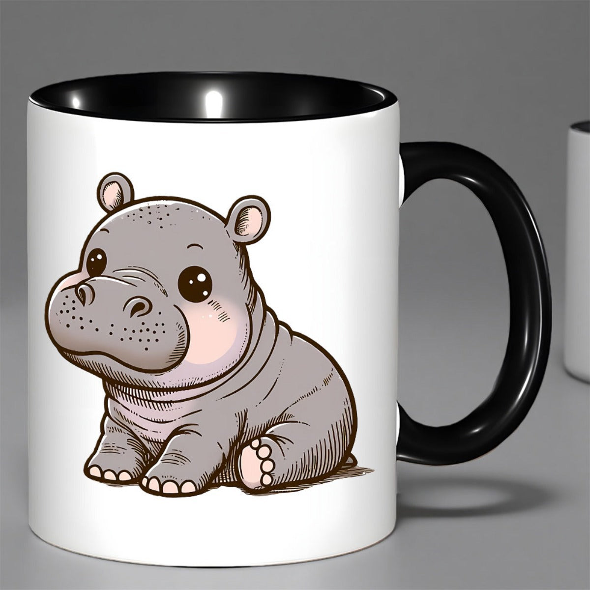 Tailorly Black Accent 11 oz Mug - adorable hippo illustration