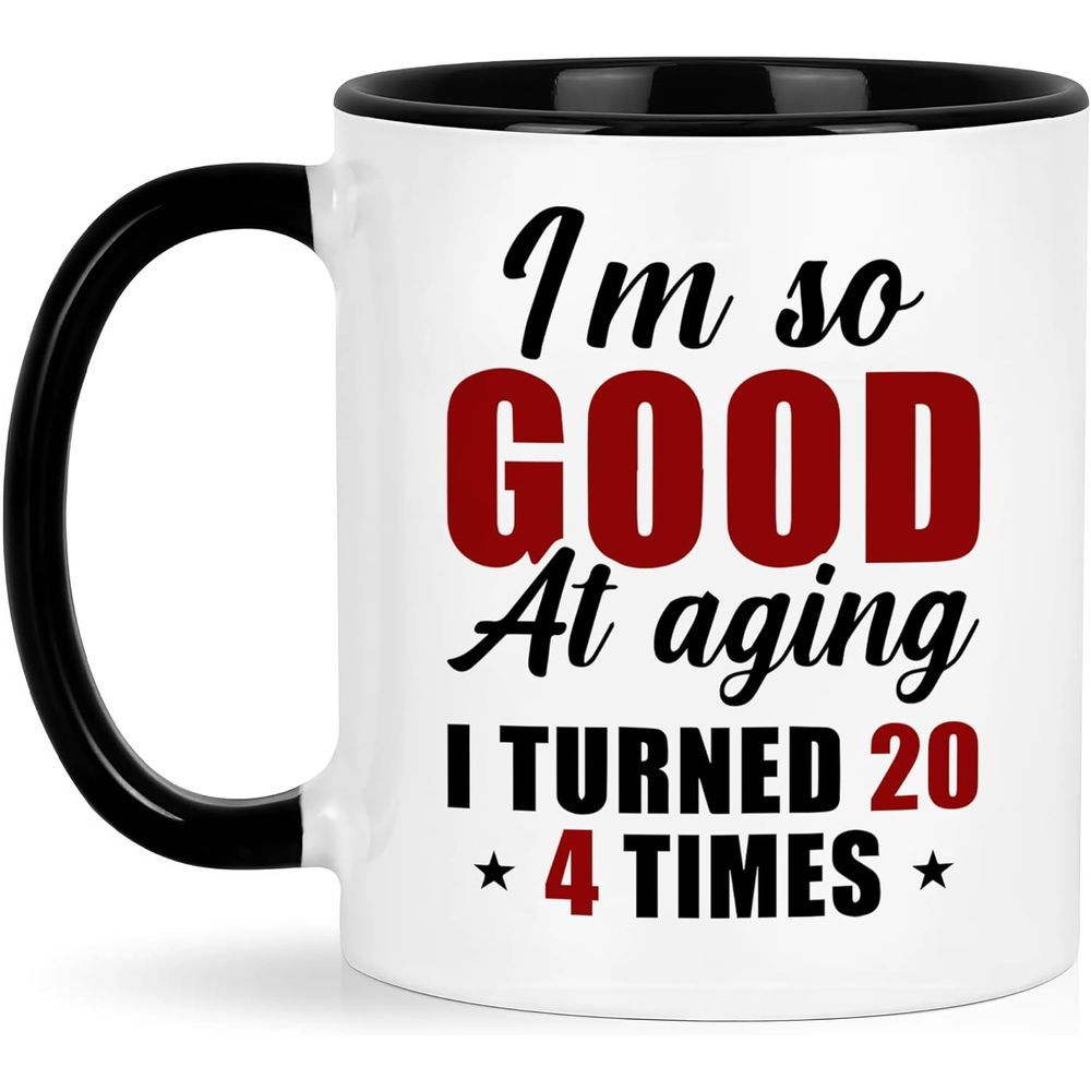 Tailorly Black Accent 11 oz Mug - 80th birthday text with years and decorative elements