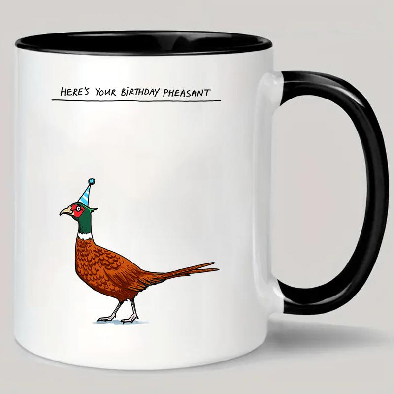 Tailorly Black Accent 11 oz Mug - humorous birthday pheasant with festive party hat