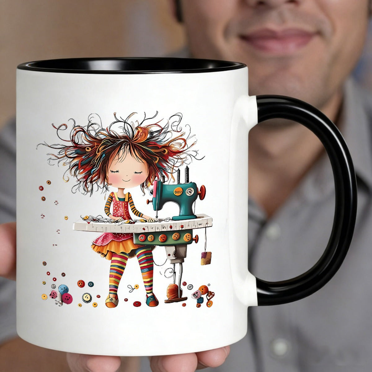 Tailorly Black Accent 11 oz Mug - cartoon girl sewing