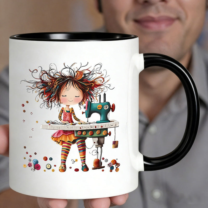 Tailorly Black Accent 11 oz Mug - cartoon girl sewing