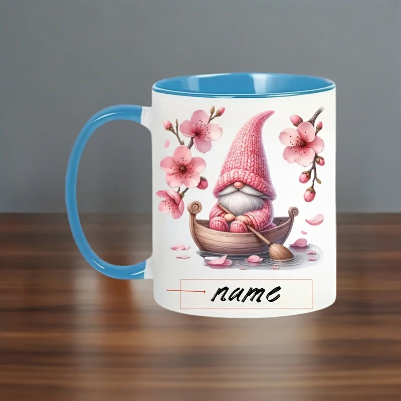 Tailorly Black Accent 11 oz Mug - gnome with pink hat and cherry boat design