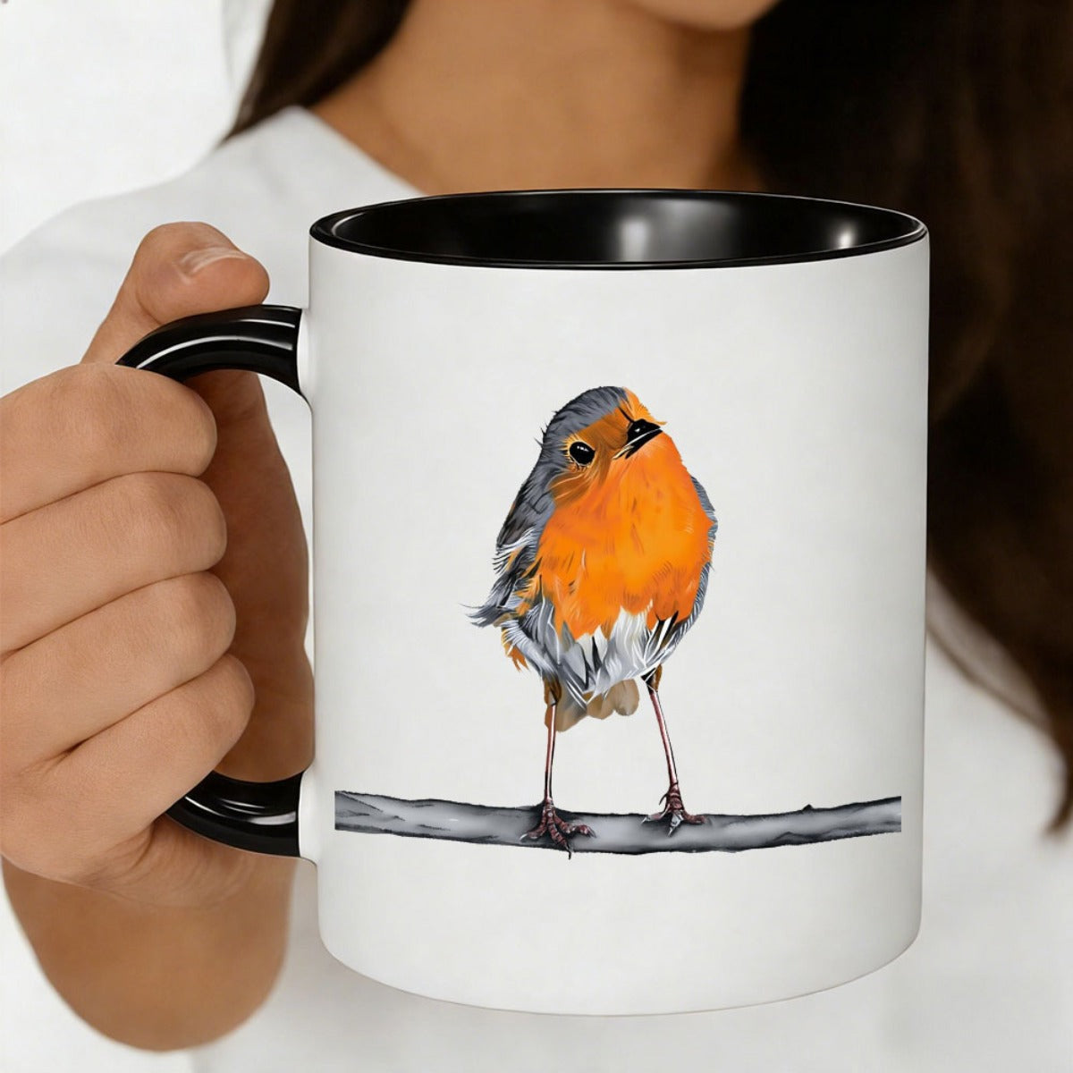 Tailorly Black Accent 11 oz Mug - orange breasted robin realistic bird art