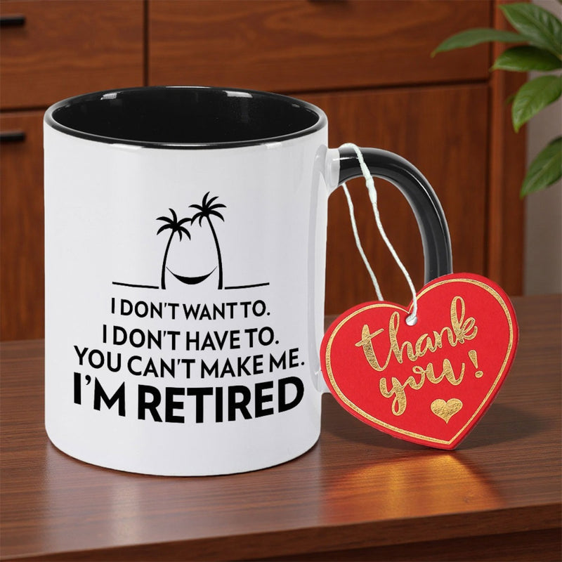 Tailorly Black Accent 11 oz Mug - palm trees and "im retired" text