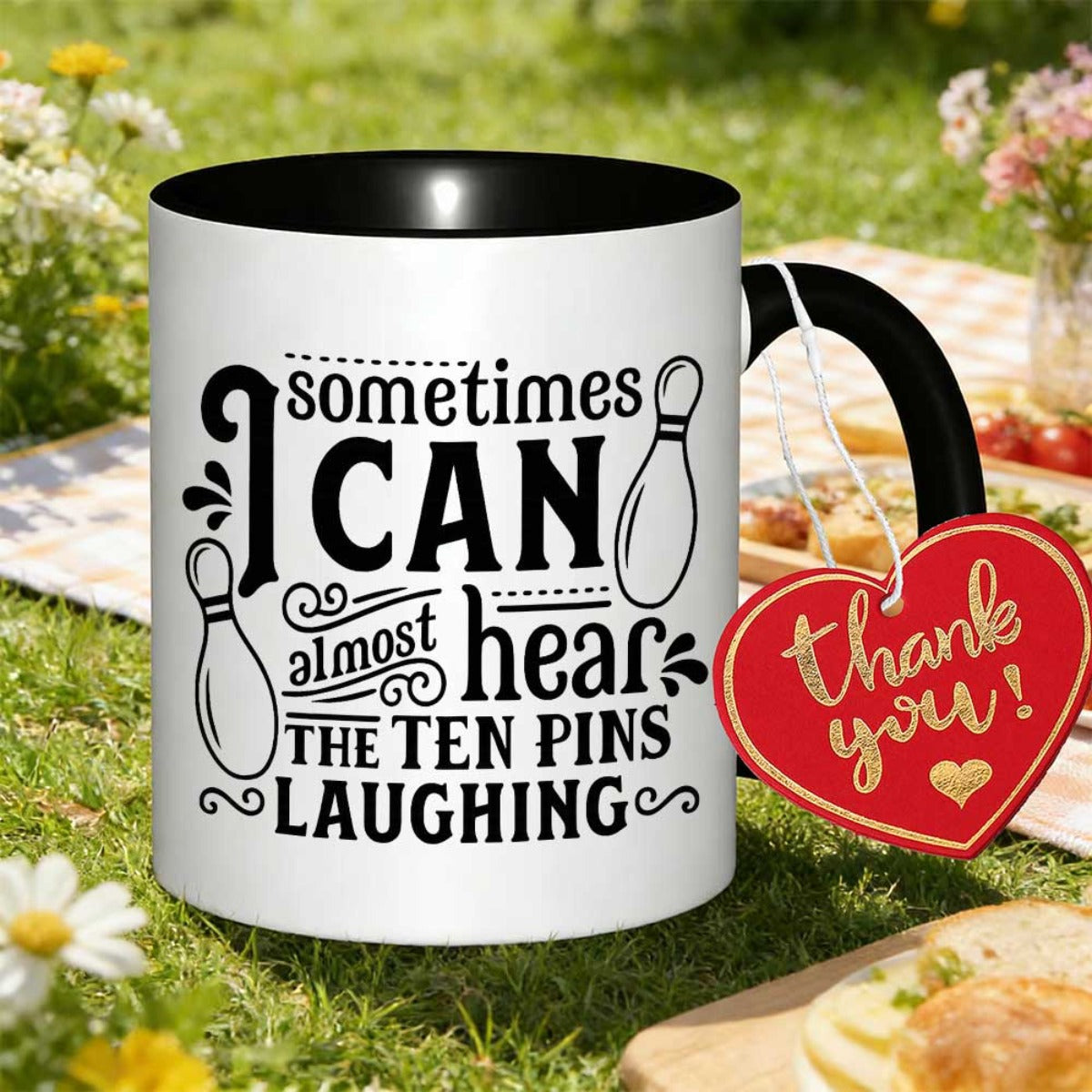 Tailorly Black Accent 11 oz Mug - coffee mug with "I can ten laughing this" text and cultural design