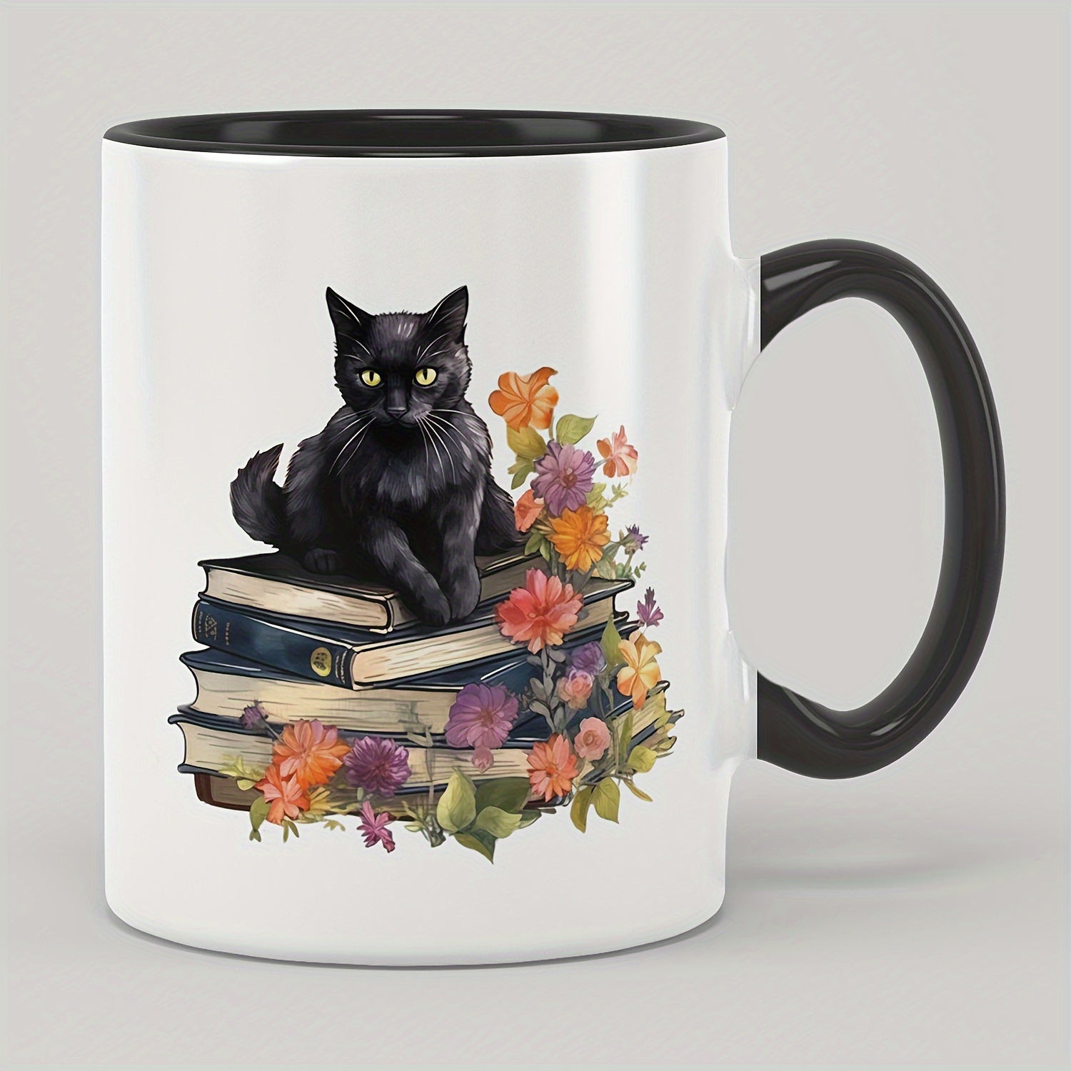 Tailorly Black Accent 11 oz Mug - black cat and books