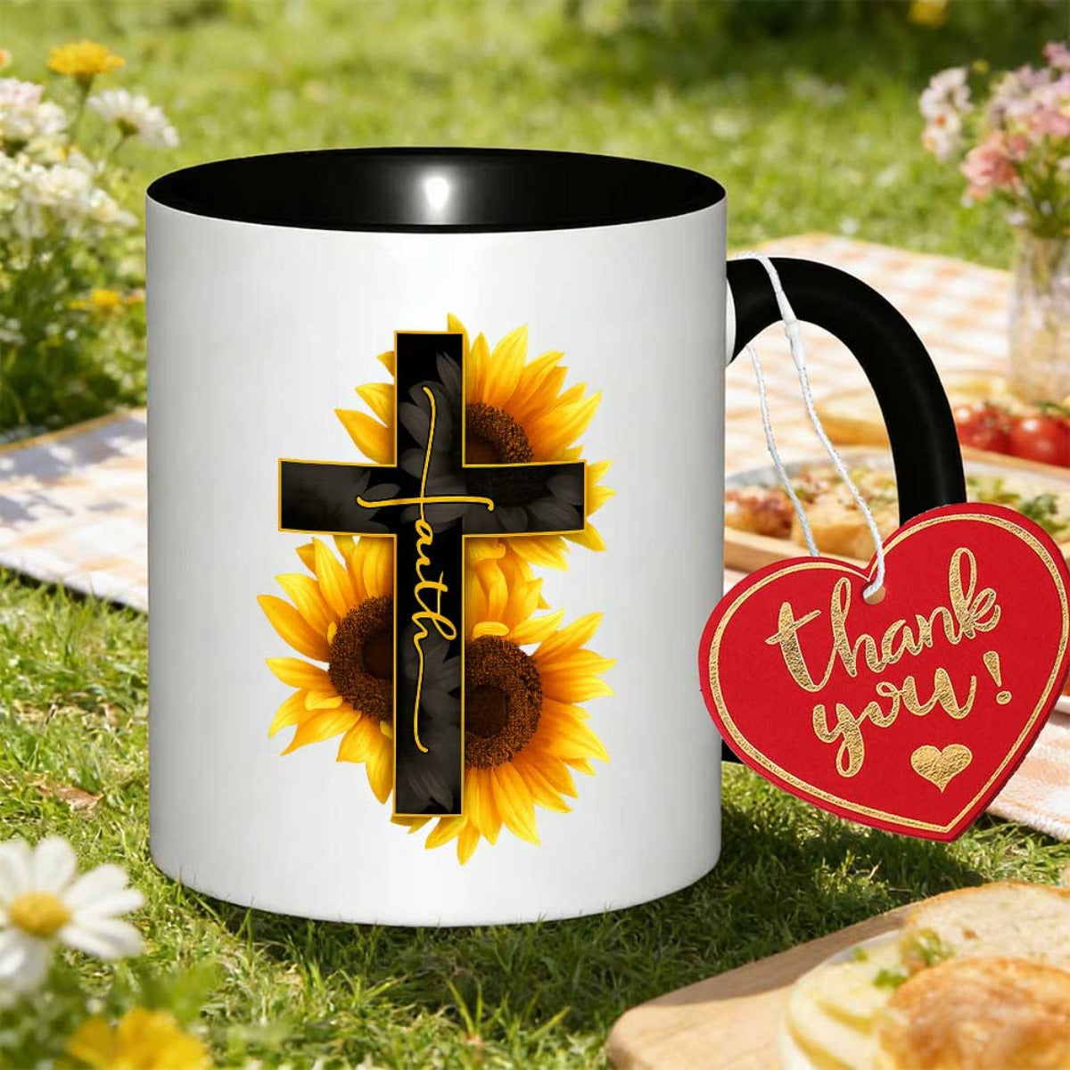 Tailorly Black Accent 11 oz Mug - bright sunflowers and crosses with a humorous design