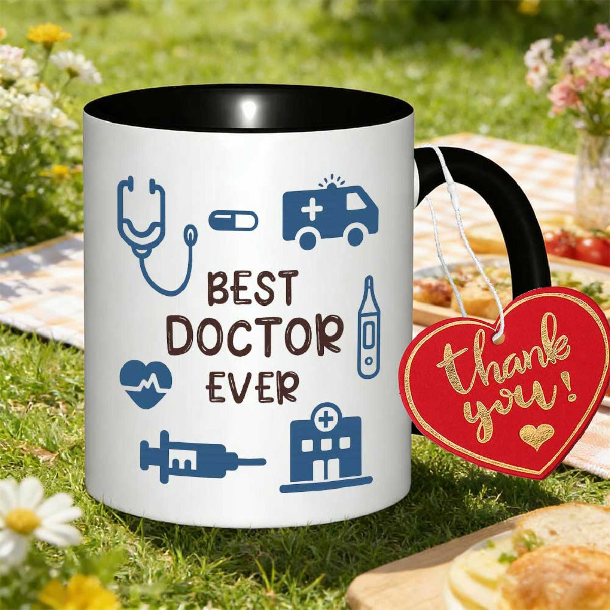 Tailorly Black Accent 11 oz Mug - stethoscope and ambulance