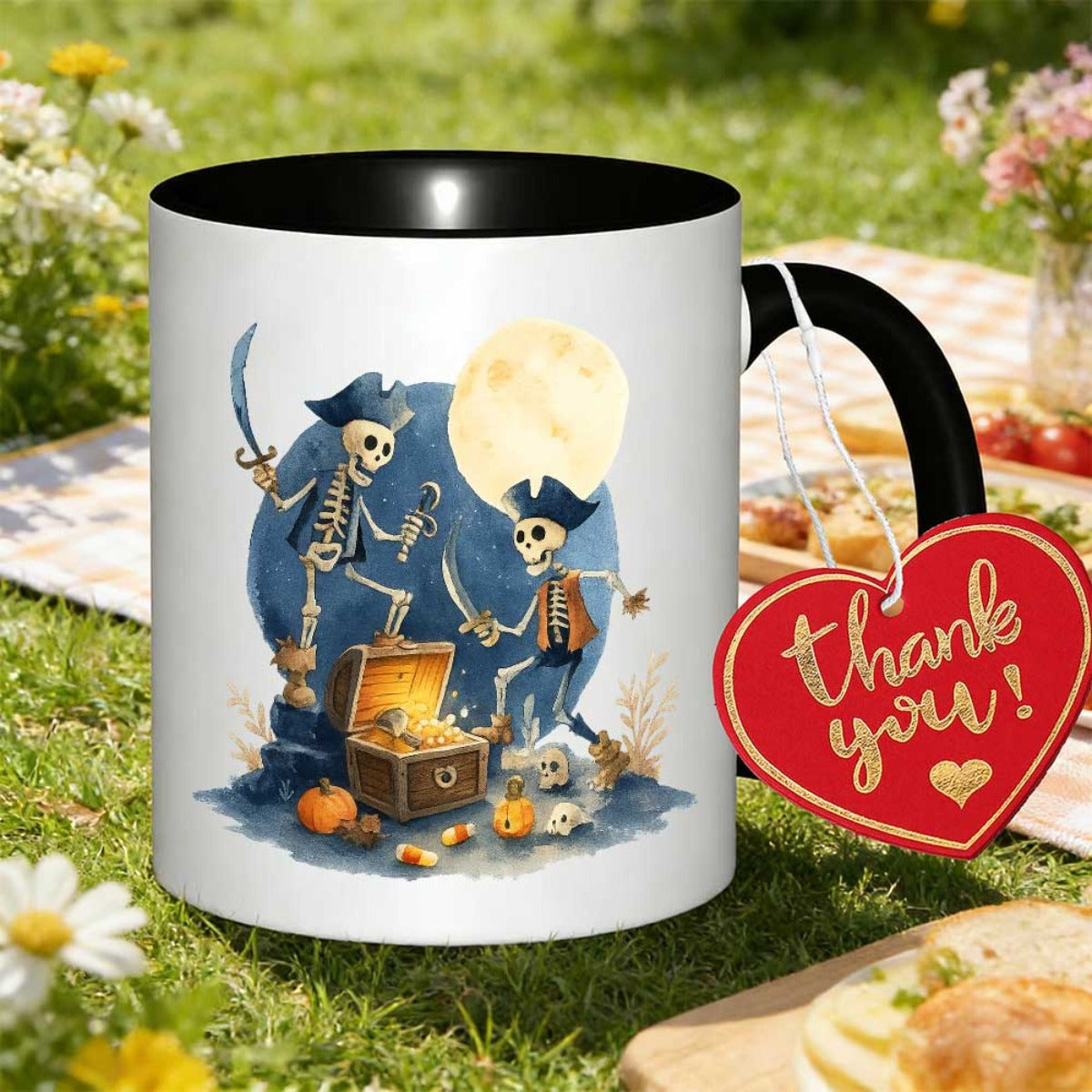 Tailorly Black Accent 11 oz Mug - halloween skeleton pirate treasure hunt