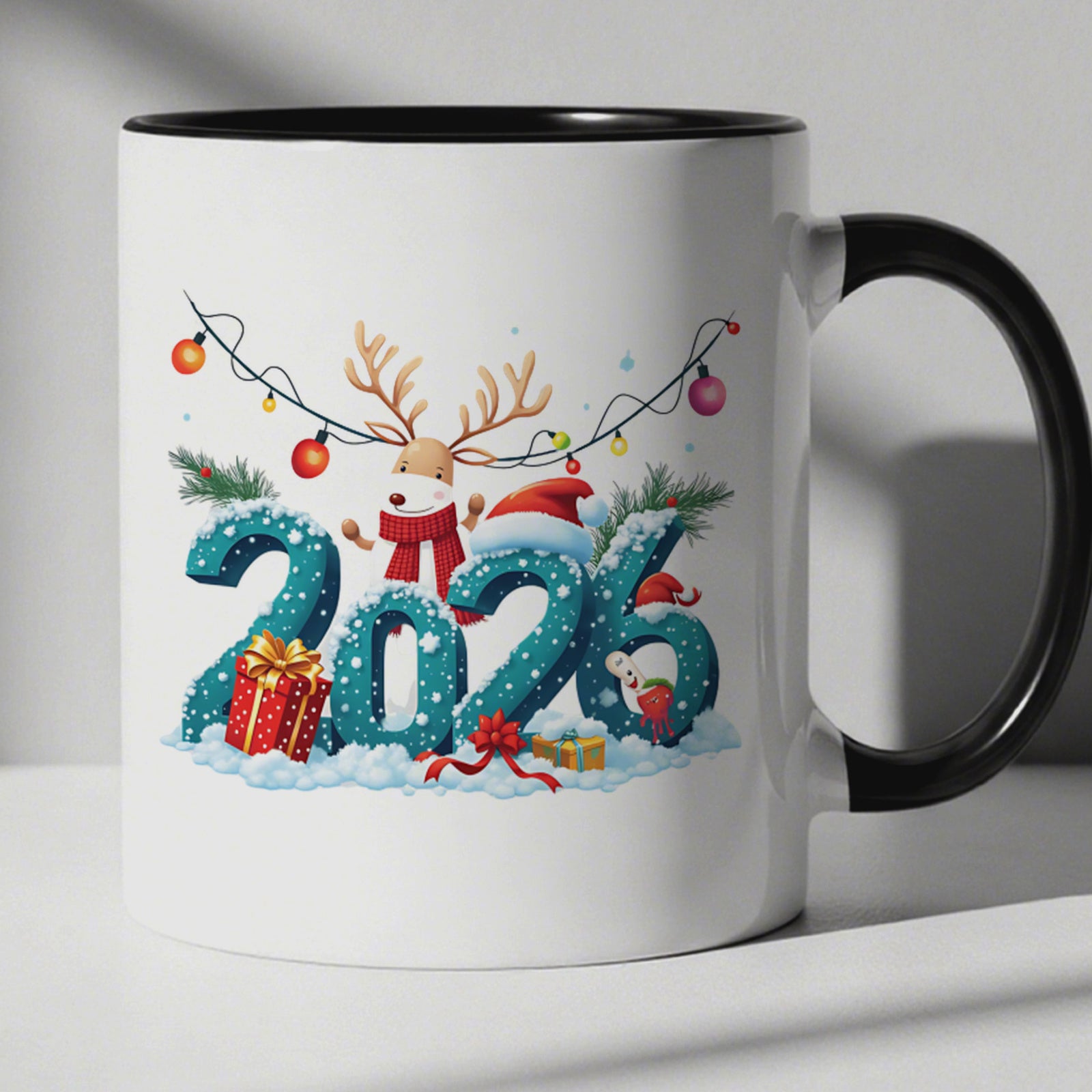 Tailorly Black Accent 11 oz Mug - reindeer snowman christmas golden lettering snowflake design festive red