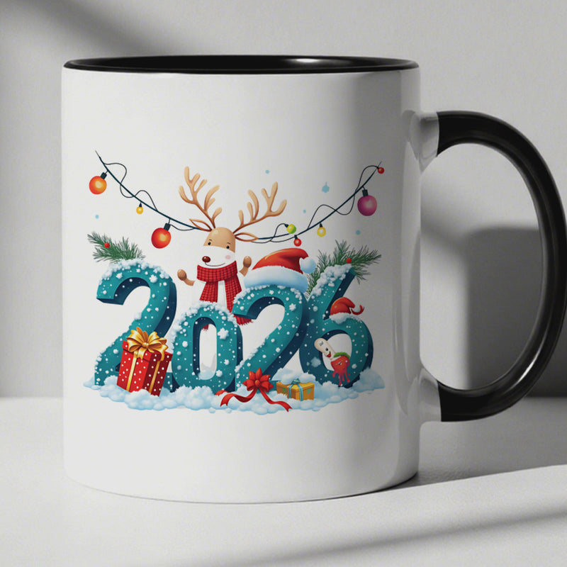 Tailorly Black Accent 11 oz Mug - reindeer snowman christmas golden lettering snowflake design festive red