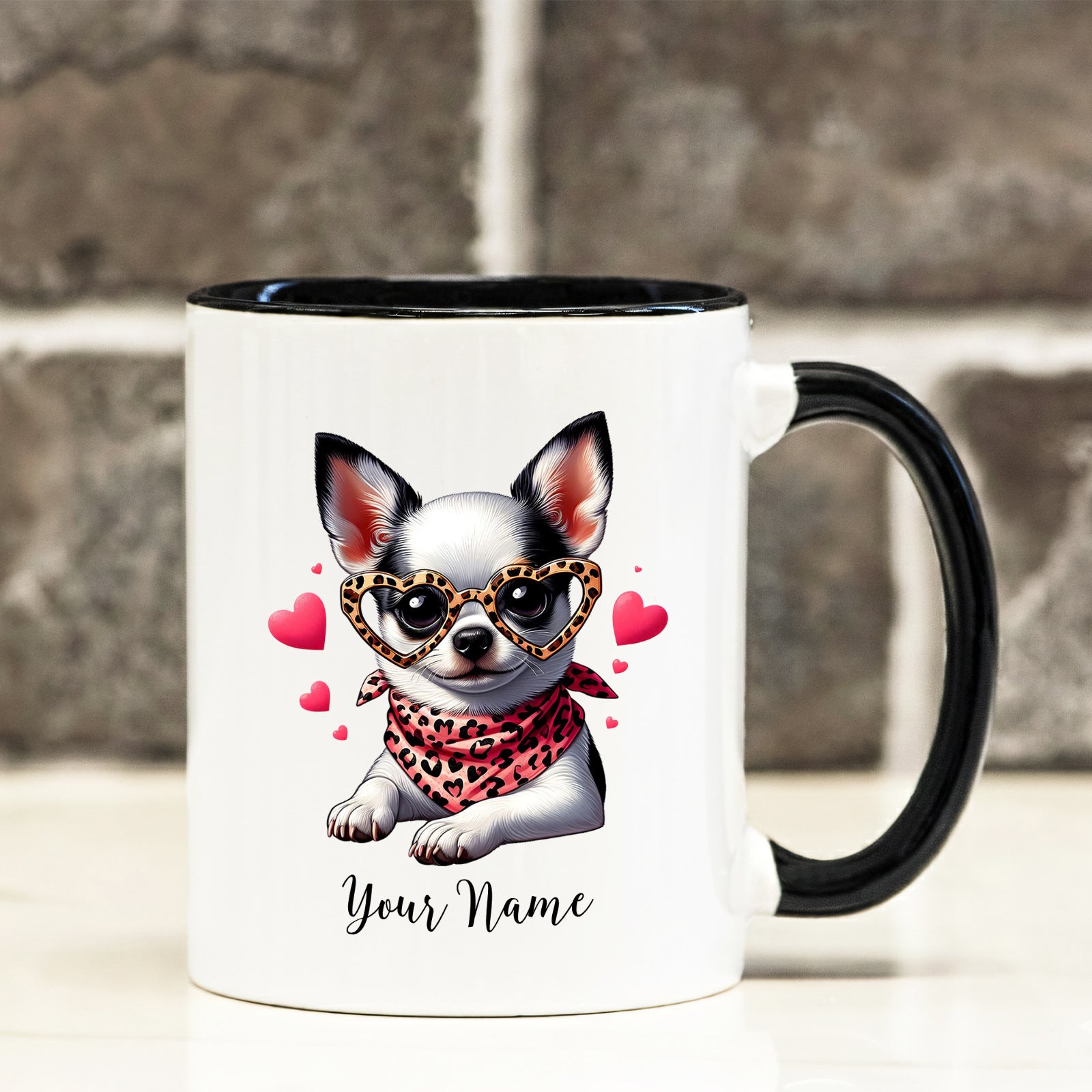 Tailorly Black Accent 11 oz Mug - chihuahua with leopard print and fashion glasses