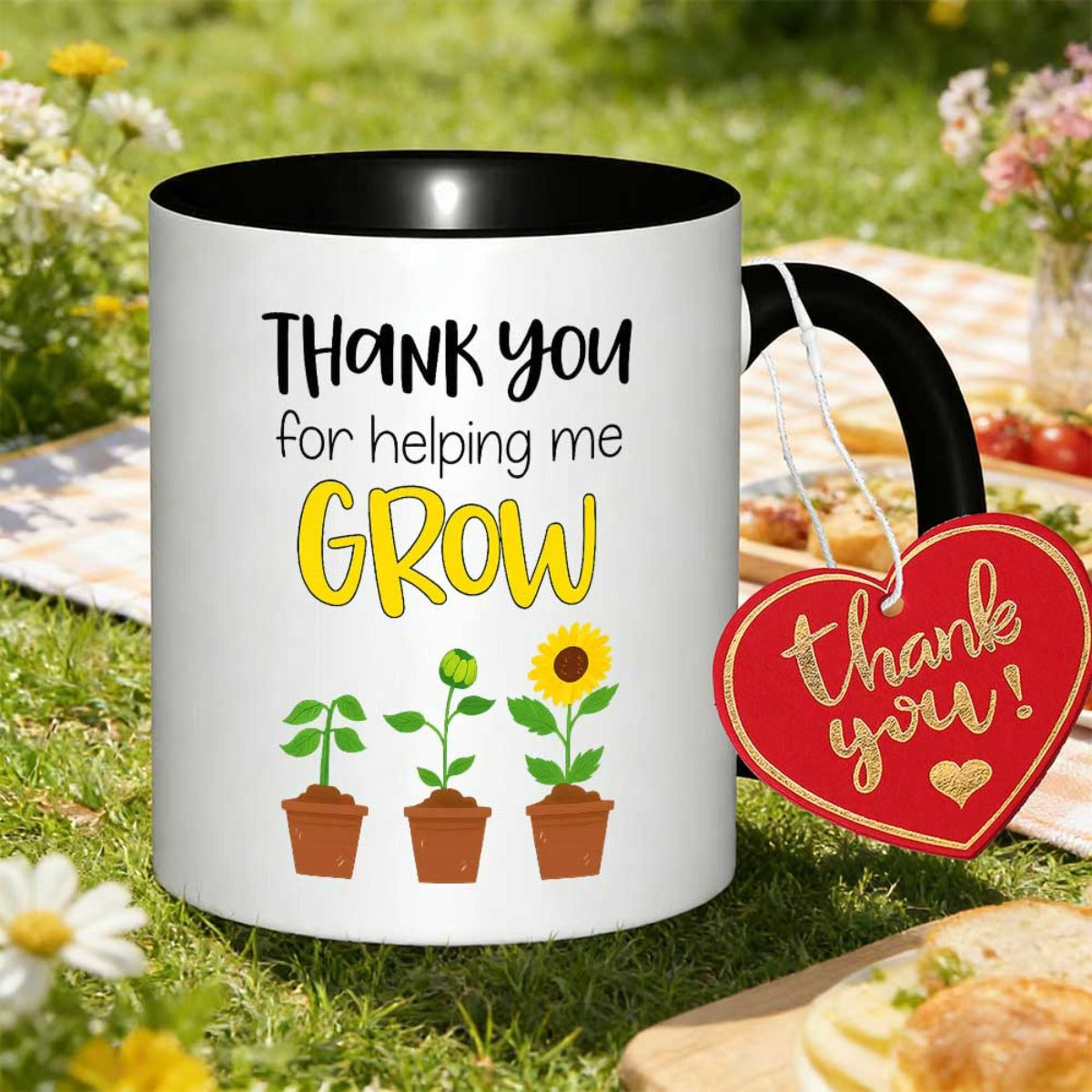 Tailorly Black Accent 11 oz Mug - sunflower and humorous message of gratitude for teachers