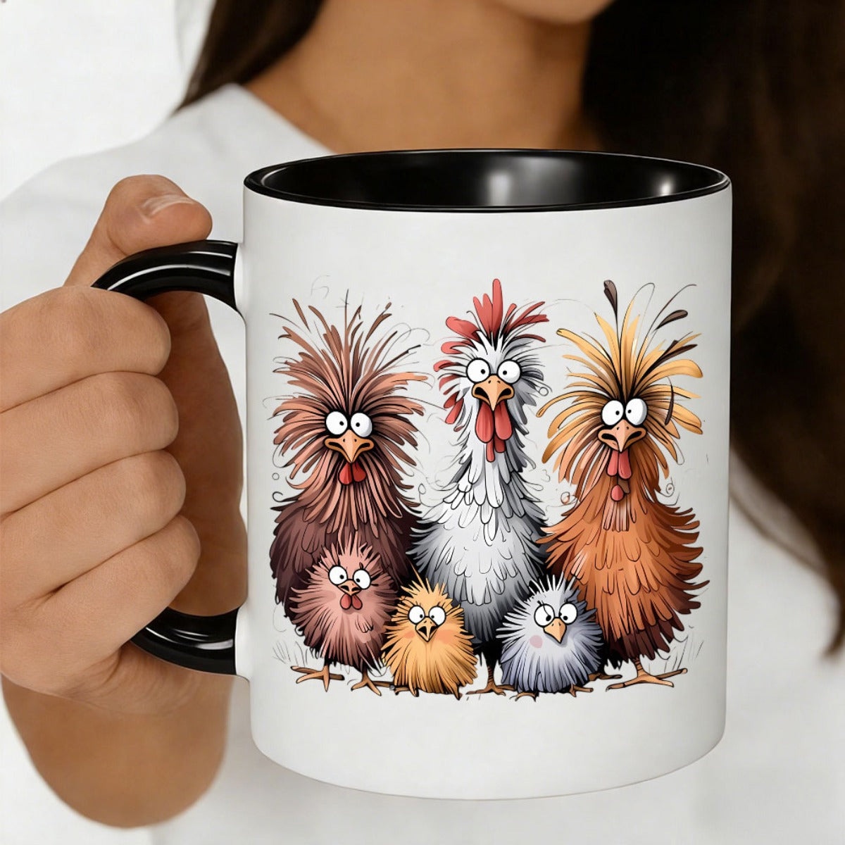 Tailorly Black Accent 11 oz Mug - cartoon fluffy chicken family with chicks
