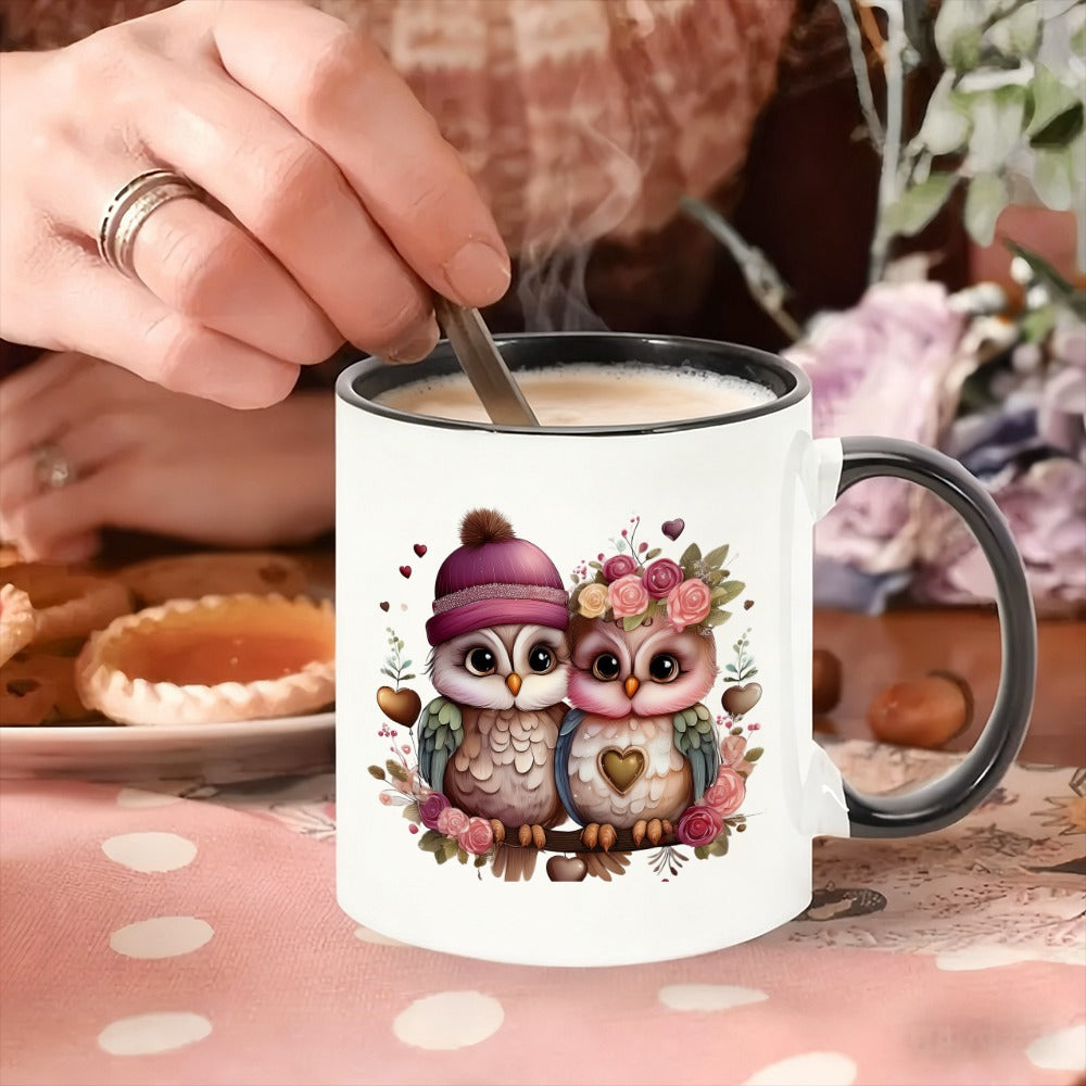 Tailorly Black Accent 11 oz Mug - cute owl couple with heart