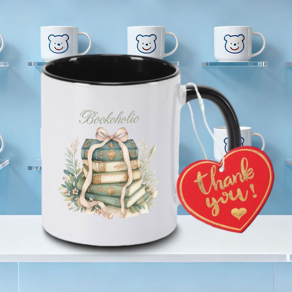 Tailorly Black Accent 11 oz Mug - Book Lover Literary Design with Books Floral Pattern Logo