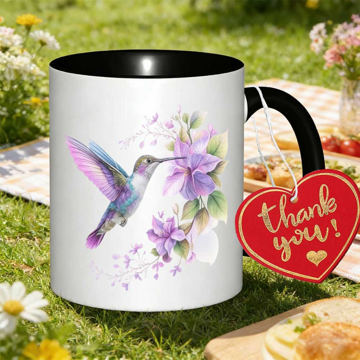 Tailorly Black Accent 11 oz Mug - elegant hummingbird floral print