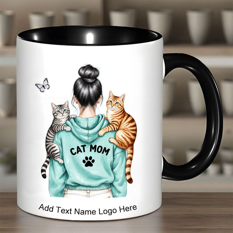 Tailorly Black Accent 11 oz Mug - woman with a bun striped cats butterflies