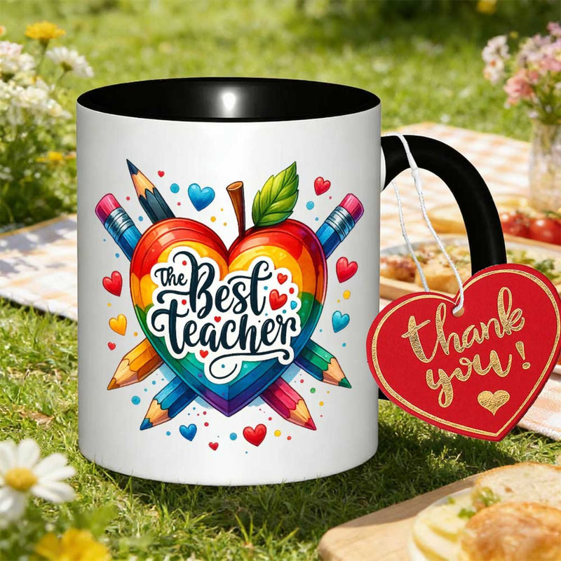 Tailorly Black Accent 11 oz Mug - best teacher ever text with colorful pencil and heart designs