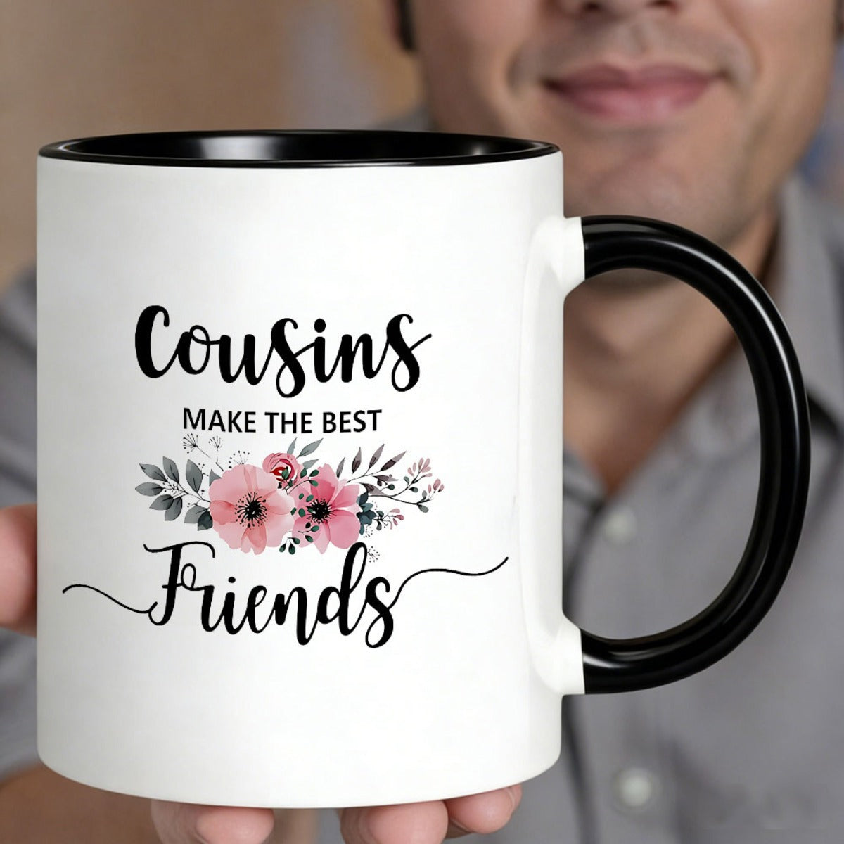Tailorly Black Accent 11 oz Mug - item picture an 11oz ceramic coffee mug featuring a gifting to cousins on birthdays and anniversaries suitable for