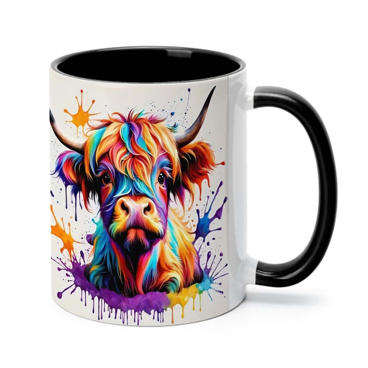 Tailorly Black Accent 11 oz Mug - highland cow with multicolor splash design