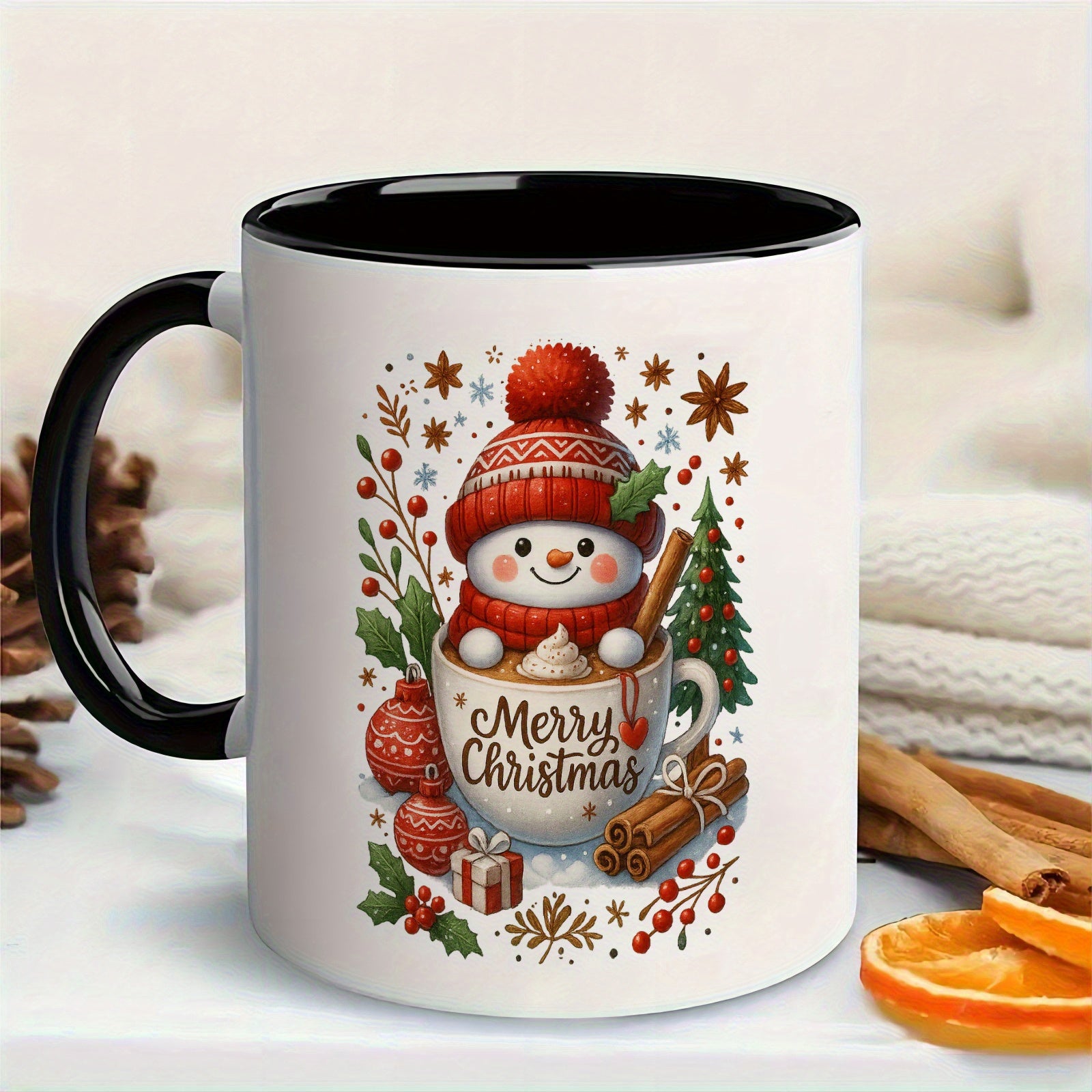 Tailorly Black Accent 11 oz Mug - festive snowman and holiday design