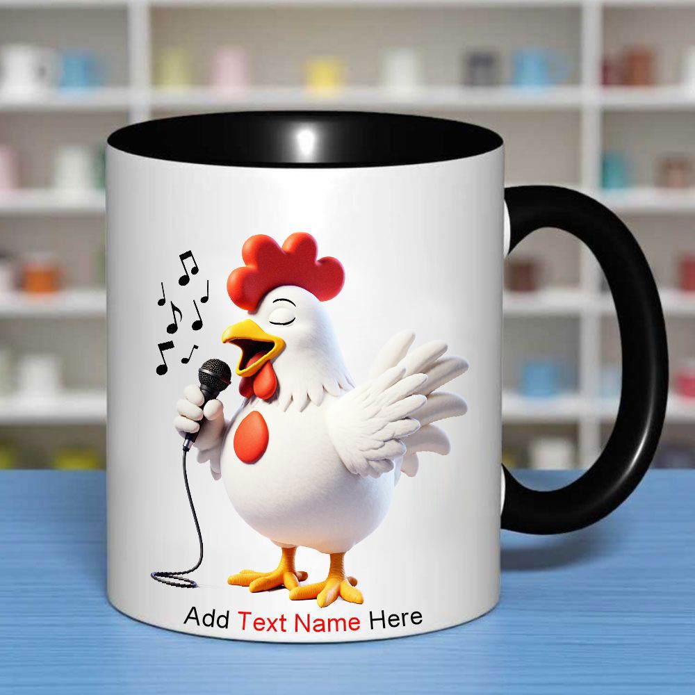 Tailorly Black Accent 11 oz Mug - cartoon singing chicken with microphone and musical notes